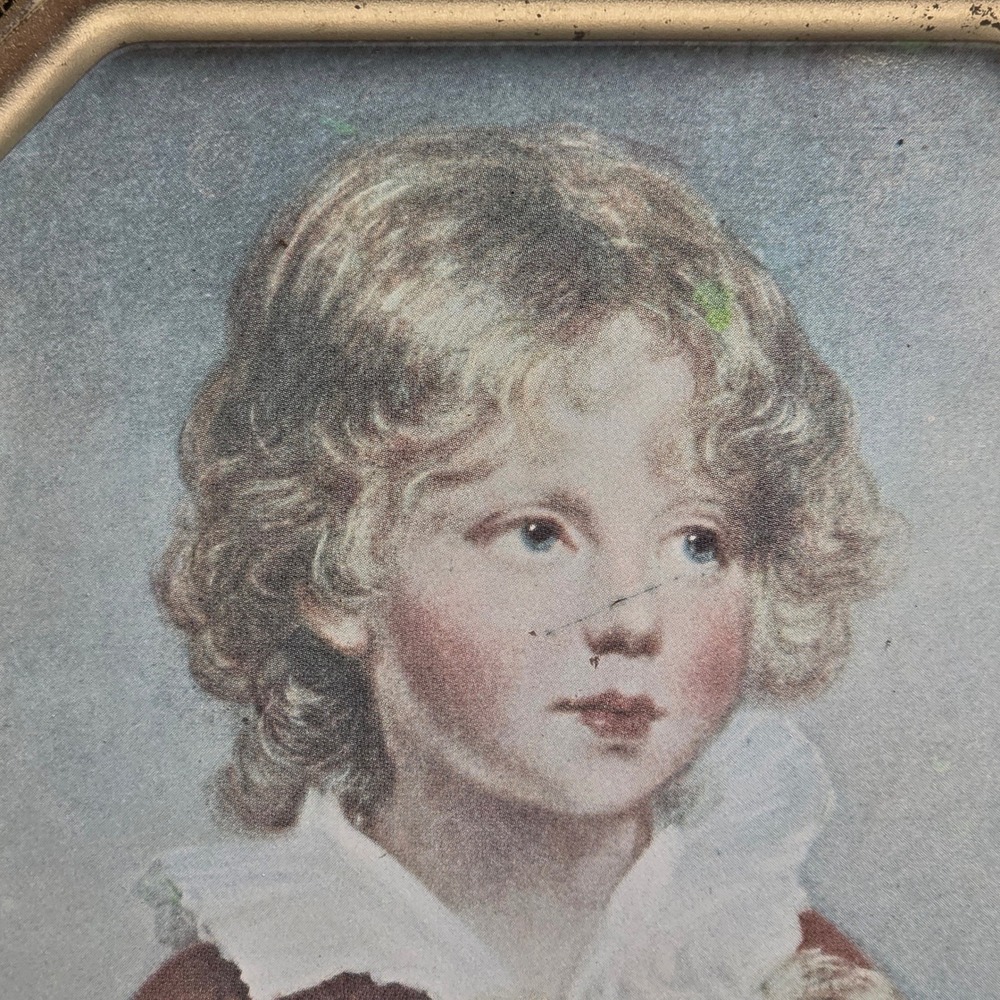 Vintage Octagonal Metal Portrait Boy with‎ Dog Gold Filigree Border - Picture 3 of 12